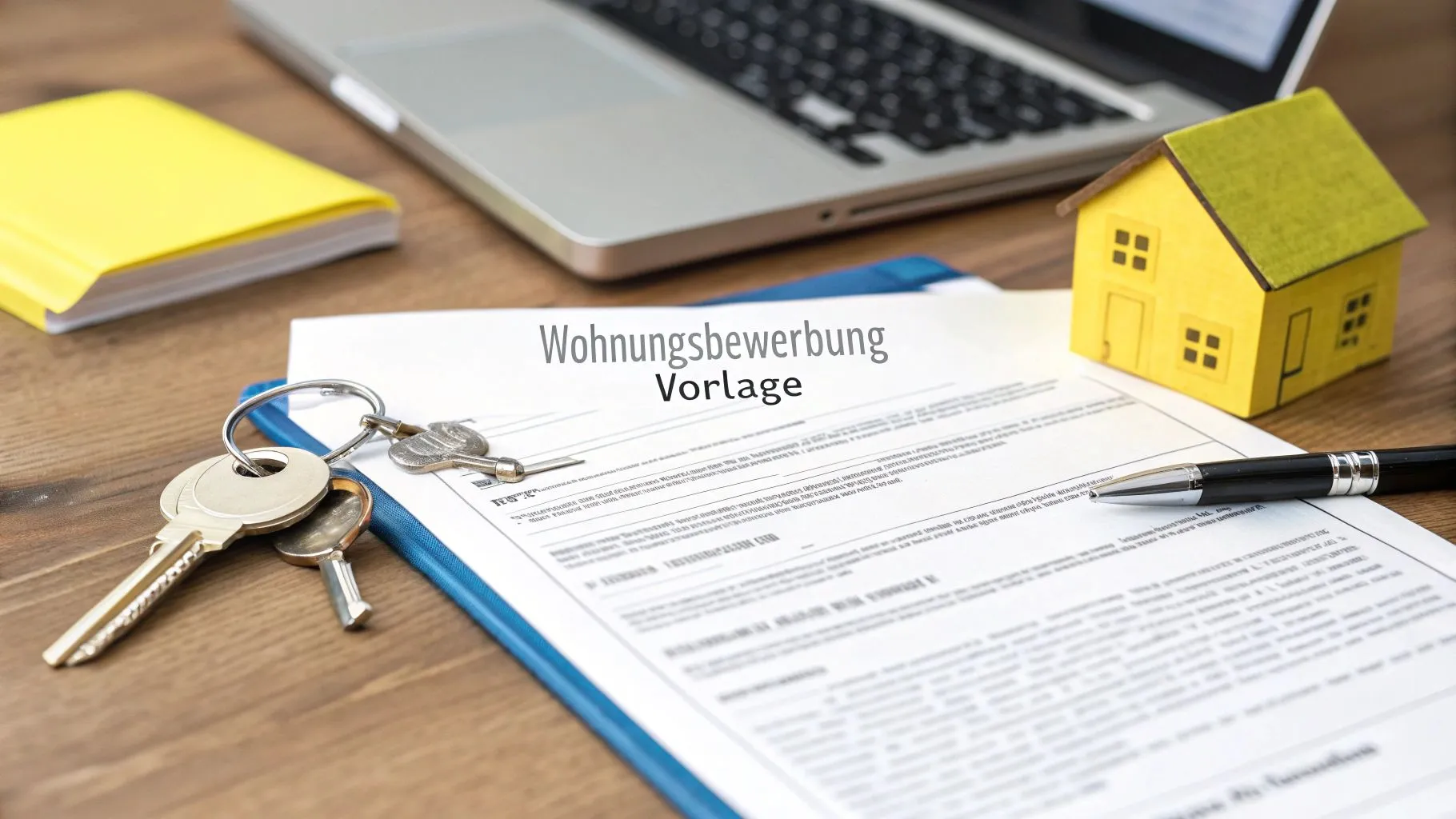 Person am Schreibtisch mit Laptop und Unterlagen für ein Bewerbungsschreiben zur Wohnung