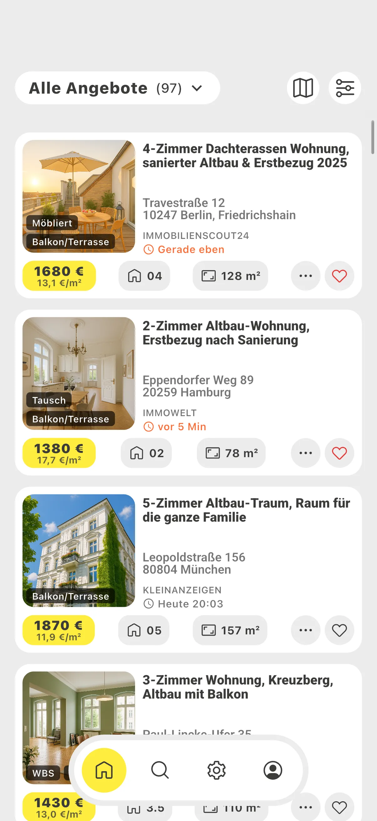 Angebotsliste der App mit 97 Treffern: Wohnungskarten mit Foto, Preis, Zimmerzahl, Quadratmetern und Portal-Quelle; oben Buttons für Kartenansicht und Filter.
