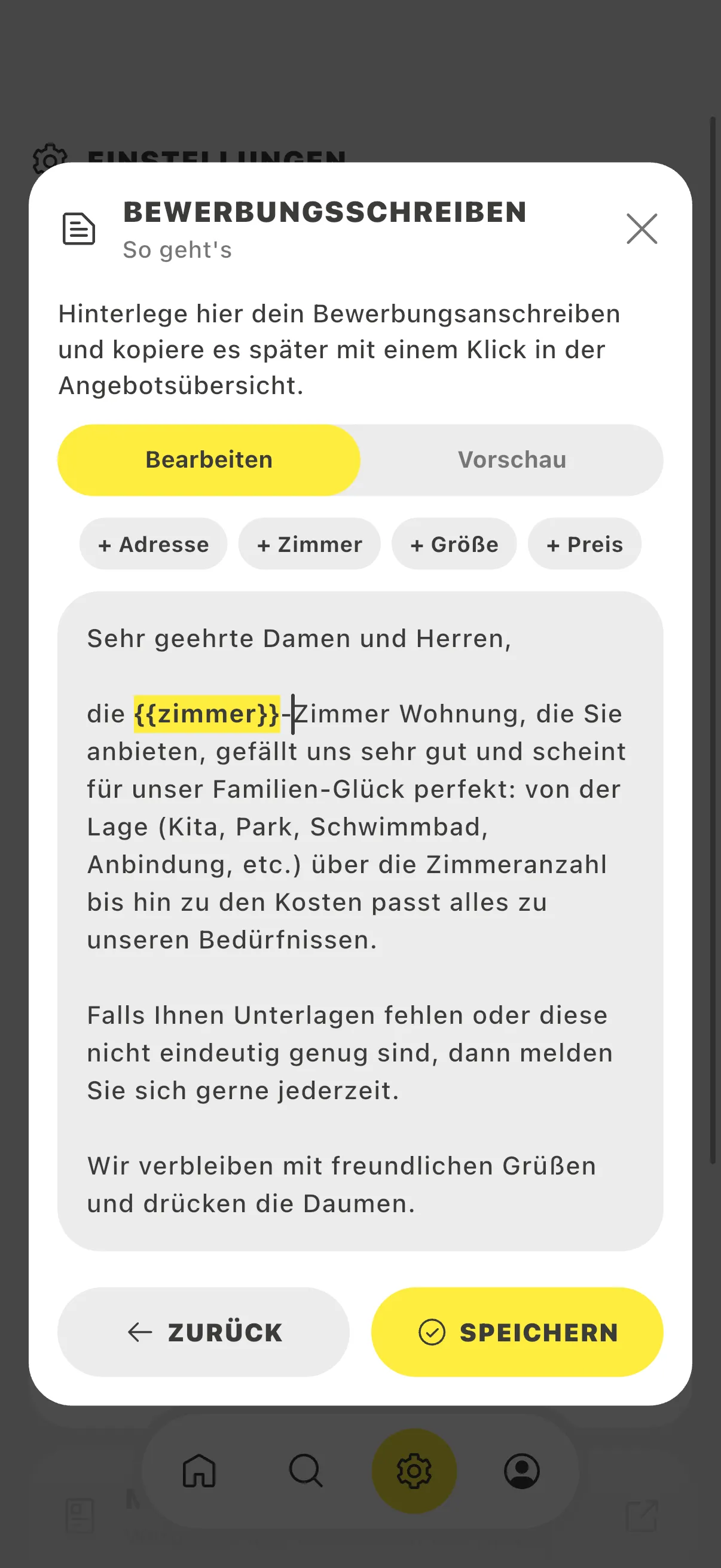 Ansicht „Bewerbungsschreiben" der App: Anschreiben mit smarten Platzhaltern — Chips für Adresse, Zimmer, Größe und Preis, im Text der gelb markierte Platzhalter „Zimmer".