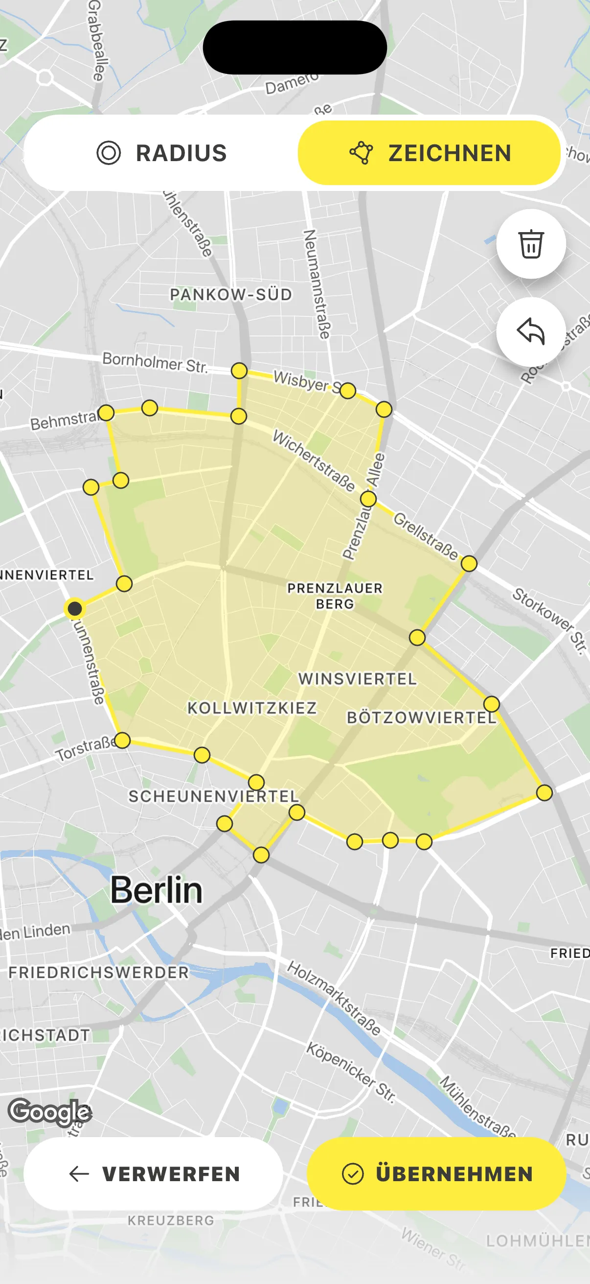 Karte von Berlin mit gelb umrandetem, selbst gezeichnetem Suchbereich über Prenzlauer Berg; oben die Umschalter „Radius" und „Zeichnen".