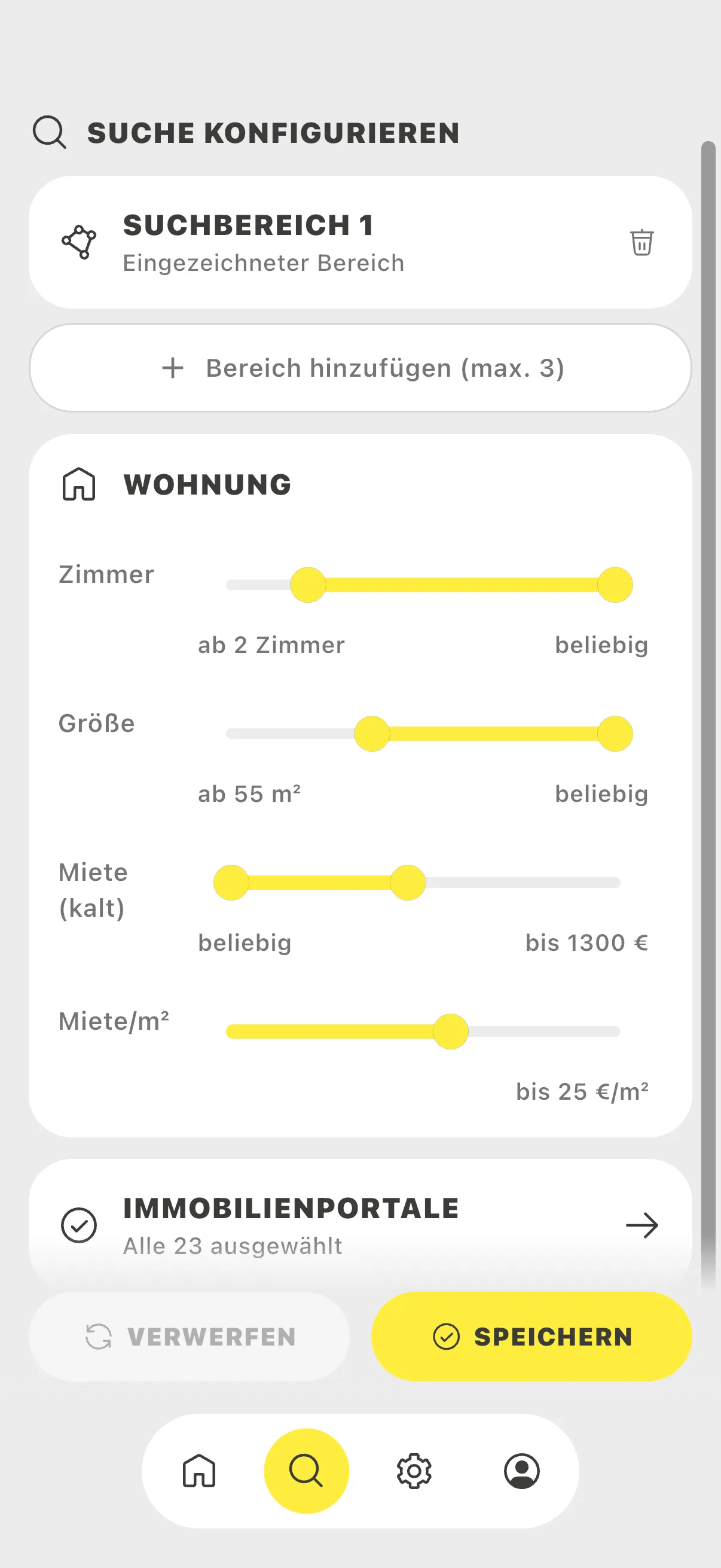 Immobilien Bot App-Screen „Suche konfigurieren": eine Liste der Immobilienportale, alle ausgewählt.